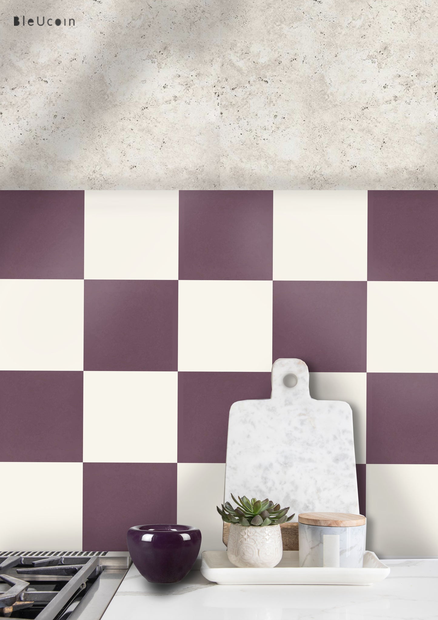 Mulberry & off White Checker Peel & Stick Tile